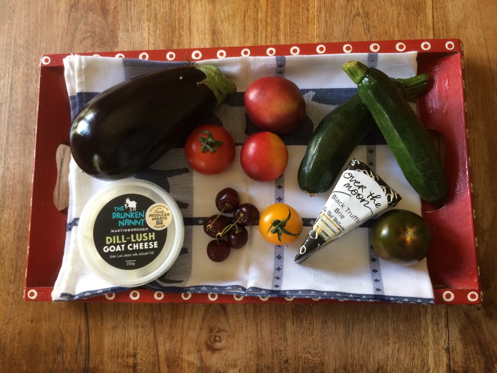 Aubergine, courgettes, goat cheese